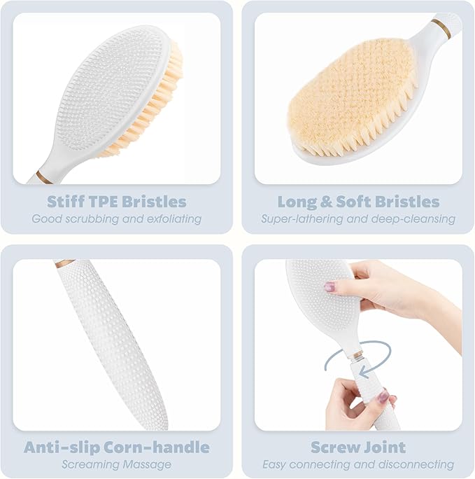 New Foot Brush & Back Scrubber Set 2PCS, 10.2''- 27.5'' Adjustable Foot Scrubber for Shower, 18.9'' Shower Back Scrubber with 3-Length Usage, Great Aid for People with Limited Mobility(White)