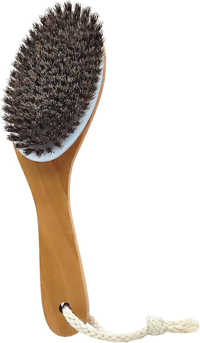 Dry Brushing Body Brush, Natural Horsehair Exfoliating Body Scrubber Bath Brush with 9.8” Curved Wooden Handle for Shower, Gentle Skin Exfoliation, Cellulite and Lymphatic Improvement Gift