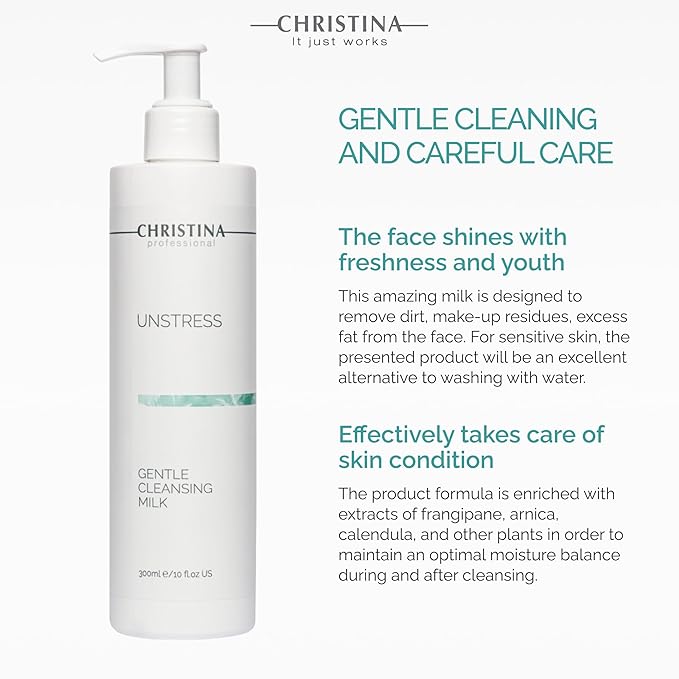 Christina Unstress Soap-Free Gentle Cleansing Milk Makeup Remover for Face & Eyes - 300 ml - Calendula, Vitamin E and Centheal Soap-Free Cleanser - Safe for All Skin Types