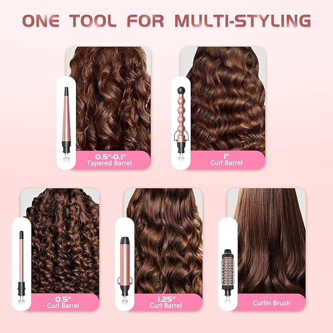 GSKY 5 in 1 Curling Iron Set, Hair Curler with Curling Brush and 4 Interchangeable Ceramic Curling Wand(0.5”-1.25”), Fast Heating, Include Suitcase & 2 Clips & Heat Protective Glove