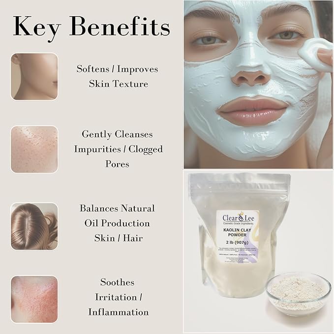 ClearLee Kaolin Clay Cosmetic Grade Powder - 100% Pure Natural Powder - Great For Skin Detox, Rejuvenation, and More - Heal Damaged Skin - DIY Clay Face Mask (2 LB)