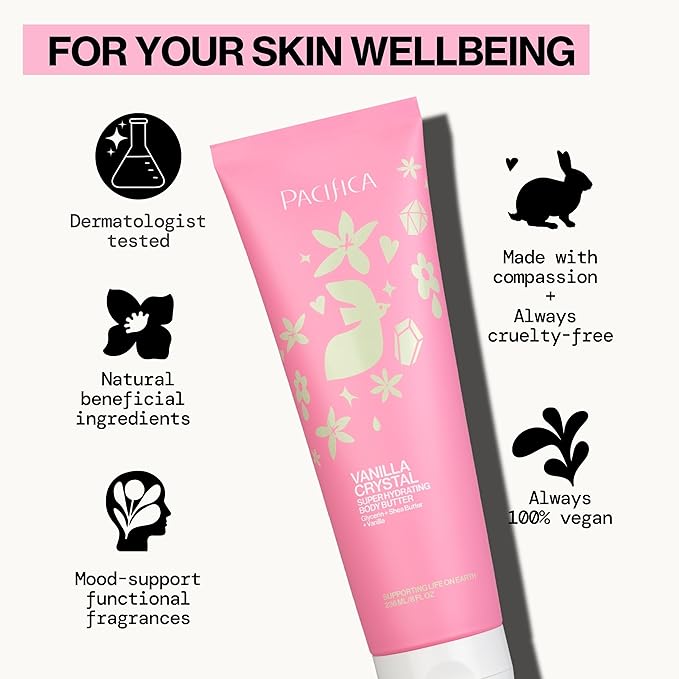 Pacifica Vanilla Crystal Body Butter Lotion – Super Hydrating Moisturizer for Dry Skin, Rich Shea Butter & Vitamin E Formula, Vegan, Cruelty-Free, Clean Beauty, Vanilla Scent, 6 oz