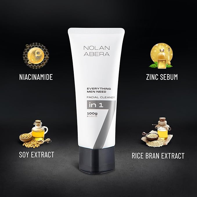ABERA Nolan Daily Facial Cleanser for Men, Niacinamide + Zincsebum + Soy & Rice Bran Extract, Oil Control & Pore Purifying Face Wash, Refreshing Gentle Cleanser for All Skin Types (3.38 fl oz)