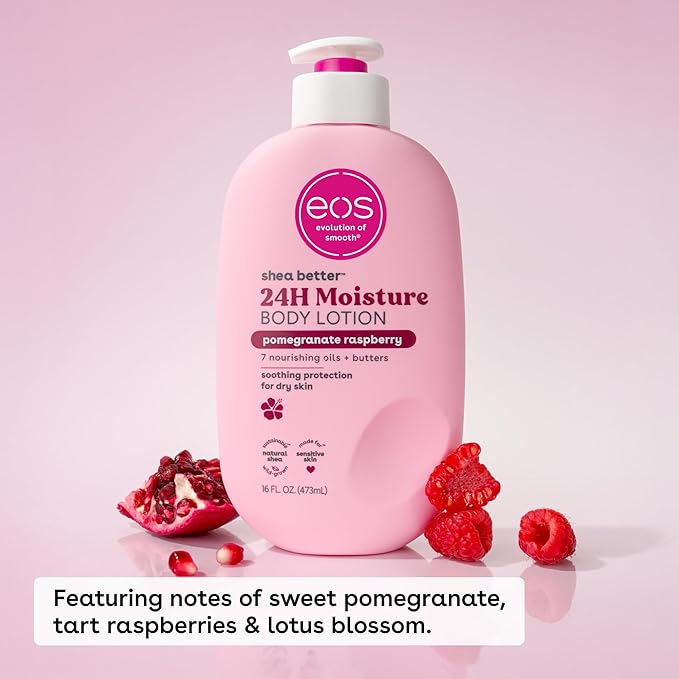 eos Shea Better Body Lotion Pomegranate Raspberry, 24-Hour Moisture Skin Care, Lightweight & Non-Greasy, Natural Shea, Vegan, 16 fl oz (Pack of 2)