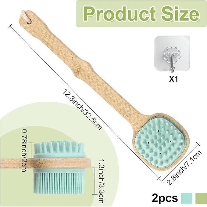 Silicone Back Scrubber for Shower, 2 PCS Silicone Bath Body Brush Loofah with Long Handle, Dual-Sided Shower Brush for Body, Exfoliating Body Scrubber Back Washer for Men Women(Lake Blue +Green)