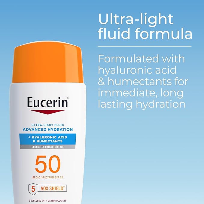 Eucerin Sun Advanced Hydration Ultra-Lightweight Face Sunscreen SPF 50 with Hyaluronic Acid & Humectants, Hydrating Sunscreen for Face, Non Comedogenic and Hypoallergenic, 1.7 Fl Oz Bottle