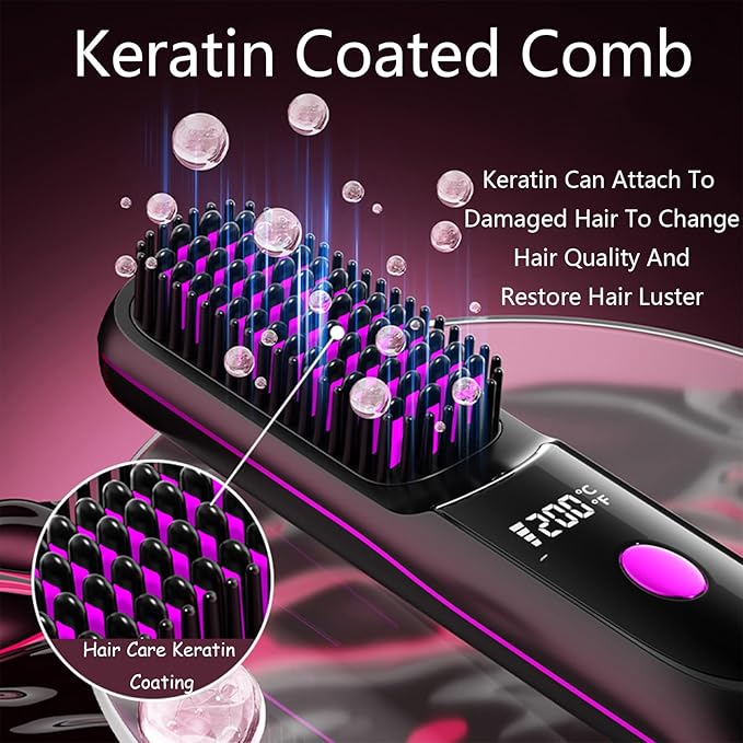 Go Brush Pro Hair Straightener – Cordless Comb with Negative Ion, 7400mAh Fast Heating & Portable Travel Design, Rechargeable Brush for Straightening and Curling (Purple-1Pcs)