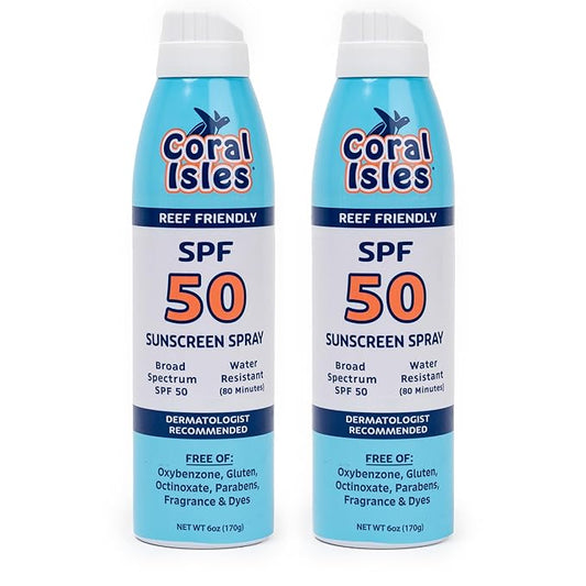 Coral Isles SPF 50 Sunscreen Spray - Hawaii Compliant - Oxybenzone & Octinoxate Free - Broad Spectrum - Water Resistant, 6 Fl Oz (Pack of 2)