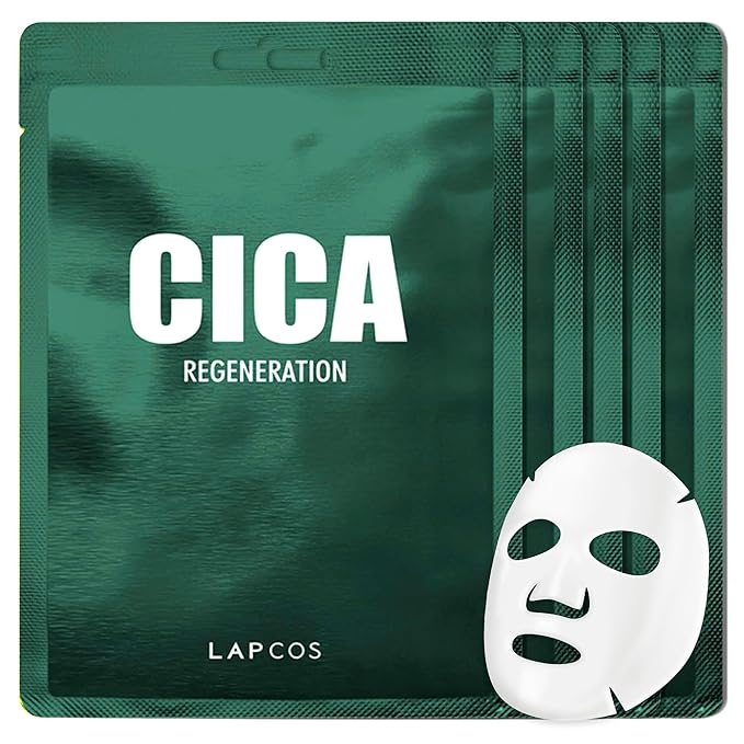 LAPCOS Cica Sheet Mask, Daily Face Mask with Cantella Plant Extract to Regenerate and Revitalize Skin, Korean Beauty Favorite, 5-Pack