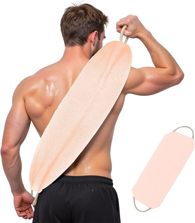 Inmorven Exfoliating Back Scrubber with Handles, Nylon Back Exfoliator, Two Sides Stretchable Pull Strap Shower Deep Cleans Skin Massages Invigorating Blood Circulation for Women Men Body (Pink)