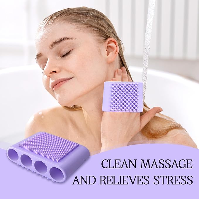 1PCS Silicone Body Scrubber Exfoliator- Bath Loofah & Sponges Alternative 4-Finger Non-Slip Grip Face & Scalp Scrubber for Sensitive Skin Body Brush for Men & Women (Purple)