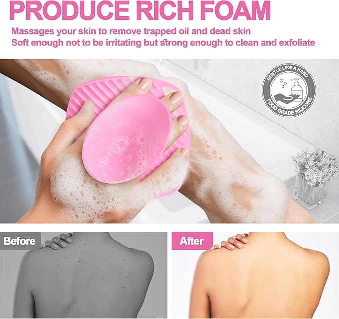 Silicone Body Scrubber, Gentle Texture Exfoliating Body Scrubber for Men and Women On Sensitive Skin, Soft Scrubber Produces Rich Form and Builds Up Lather, Getting a Deep Skin Clean (Pink)