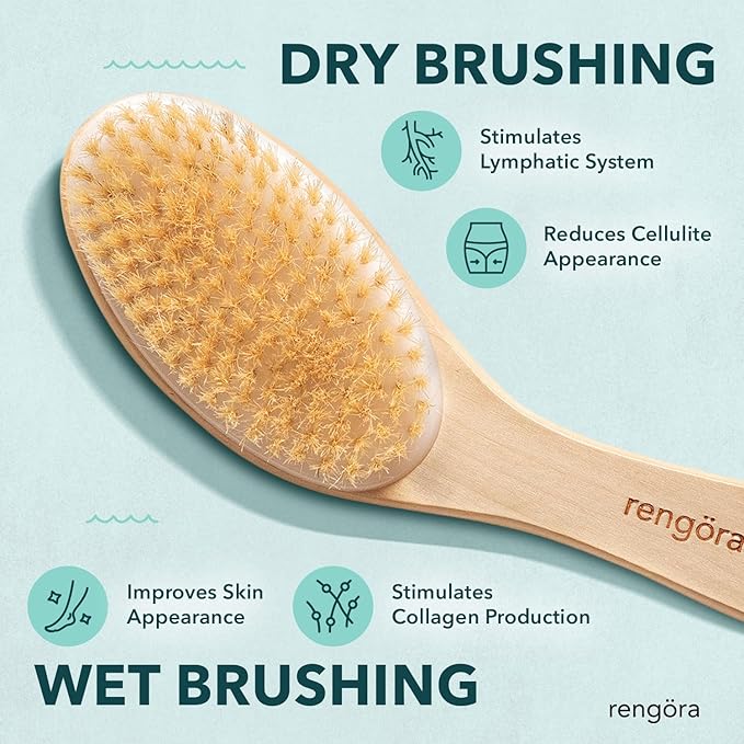 Dry Brushing Body Brush, Body Scrubber Dual-Use for Wet/Dry Exfoliating, Great for Lymphatic Drainage, Natural Boar Bristles, Ergonomic Handle, Makes a Nice Gift by Rengora