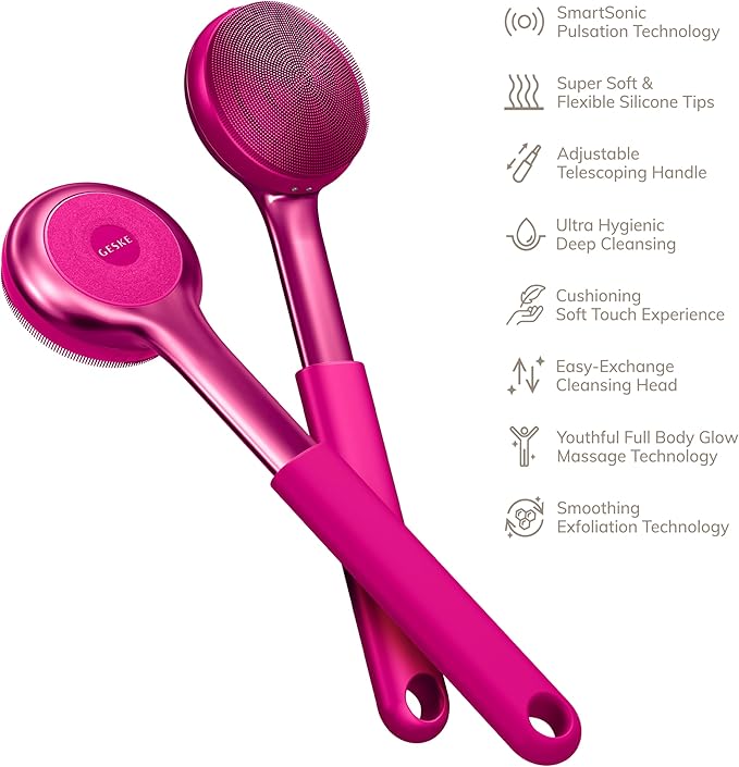 GESKE Sonic Full-Body Brush & Intensive Exfoliator | 8 in 1 | Electric Body Cleansing Brush | With SmartSonic Pulsations | Deep Cleansing, Exfoliation, Massage | Extendable Handle | Rough Skin Remover