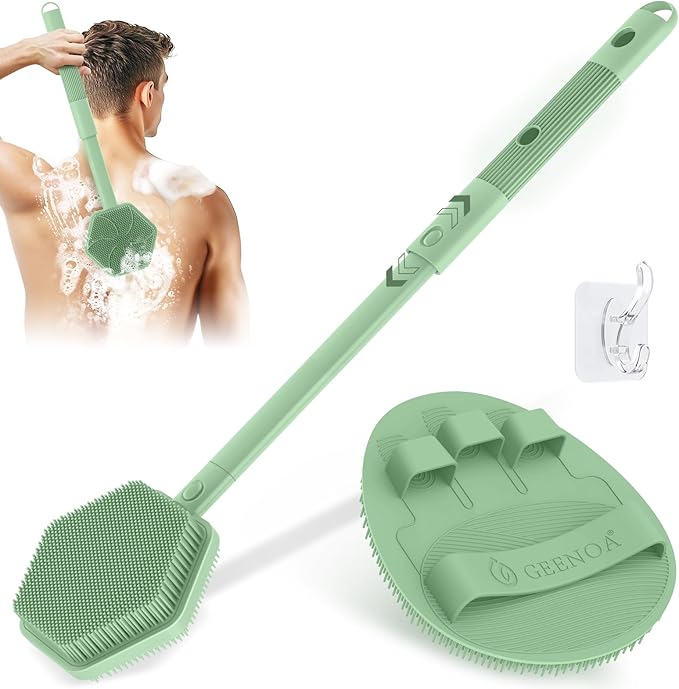 Silicone Back Scrubber & Soft Bath Glove 2PCS, 16''- 21''Extendable Back Scrubber with Dual-Side Large Head, 360° Anti-Slip Hand-fit Silicone Body Scrubber for Rich Foaming Deep Cleaning(Green)
