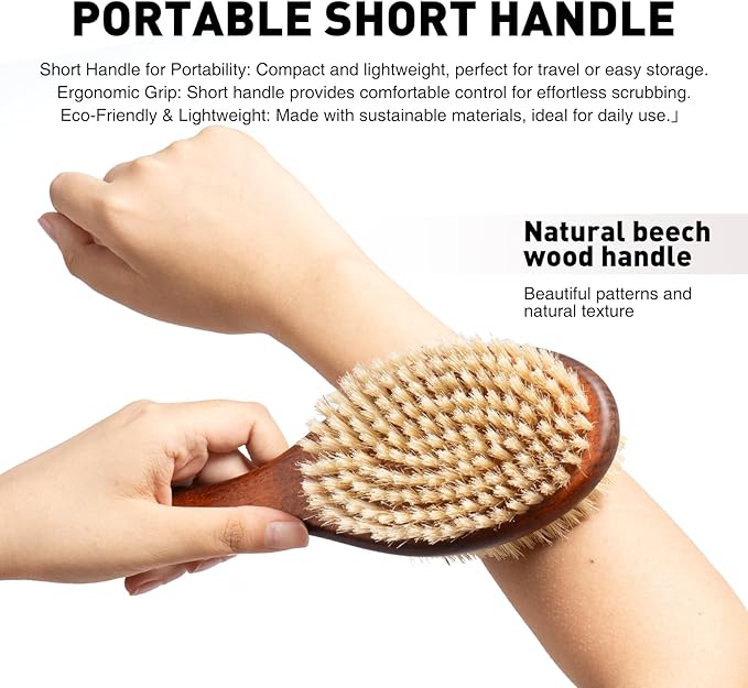 Short-Handle Dual-Sided Bath Massage Brush, Soft Boar & Firm Sisal Bristles, Portable (Red Oak)