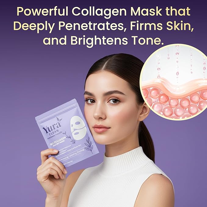 Yura Clean Collagen Face Mask – Korean Overnight Bio-Collagen Sheet Mask for Glowing, Hydrated & Firm Skin – Anti-Aging, Moisturizing & Skin Rejuvenation – 4 Pack – Ideal Holiday Gift for Women