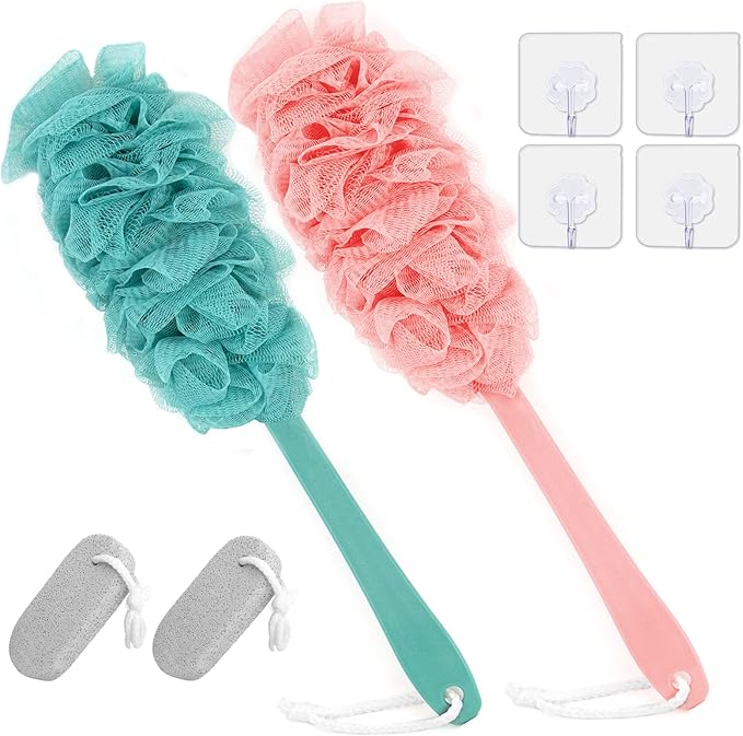 Back Scrubber for Shower, Back Brush Long Handle for Shower, Soft Nylon Mesh Sponge for Shower, Loofah On a Stick for Men Women, Exfoliating Scrub Cleaning Luffa for Elderly