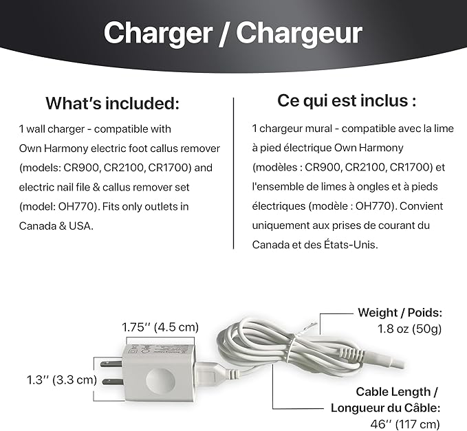 Own Harmony Charging Adaptor for Electric Foot Callus Remover Models CR900, CR2100, CR1700 - USB Charger Works Only with Nail Care Kit & Pedicure Tools by Own Harmony