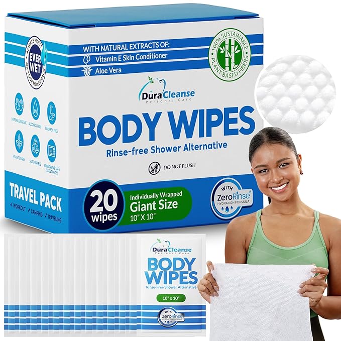 Body Wipes for Adults No Rinse – 20 Count Travel Shower Wipes, 10" x 10" Individually Wrapped Thick Cleansing Wash Scrubs, Disposable Washcloths for Camping and Elderly Care