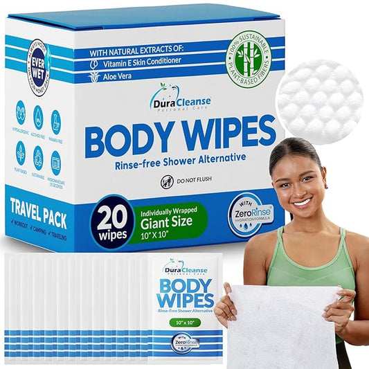 Body Wipes for Adults No Rinse – 20 Count Travel Shower Wipes, 10" x 10" Individually Wrapped Thick Cleansing Wash Scrubs, Disposable Washcloths for Camping and Elderly Care