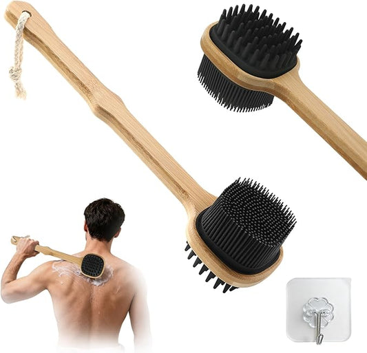 Silicone Back Scrubber for Shower, Stocking Stuffers for Men, Silicone Bath Body Brush Loofah with Long Handle, Dual-Sided Shower Brush for Body, Black Exfoliating Body Scrubber Back Washer with Hook