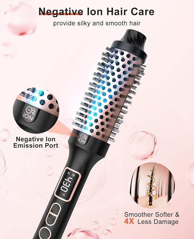 Nimmu Thermal Brush for Blowout Look, 1.5 inch Heated Round Brush, Curling Iron with 10 Temperature Control, Hot Styler Dual Voltage for Travel, Black Gold