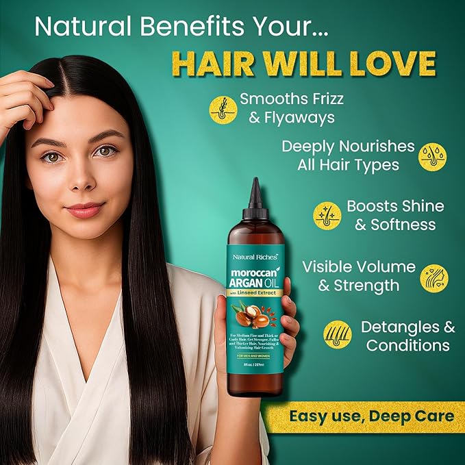 Natural Riches Moroccan Argan Oil Hair Treatment with Linseed Extract – Smooths Frizz, Detangles, Conditions & Boosts Shine – Deep Hydration for Dry, Damaged, Curly & Color-Treated Hair – 8 fl oz