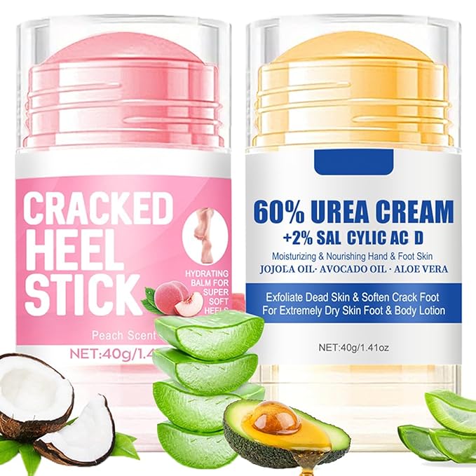 2Pcs Peach Scented and 60% Urea Foot Cream Set,Moisturizer Heel Stick Balm,Intensive Repair Dry Cracked Skin,Hands,Heels,Elbow and Knees,Softens & Nourish Foot Care for Women and Men