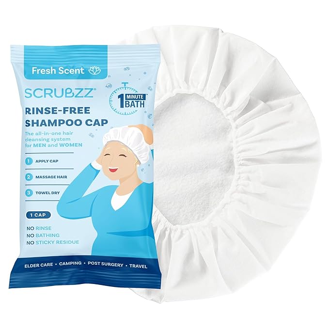 Scrubzz Shampoo Cap No Rinse for Elderly and Bedridden Patients, Rinse Free Shampoo Cap for Post Surgery and Hospital Stays, Waterless Hair Washing Shower Caps - 1 Pack