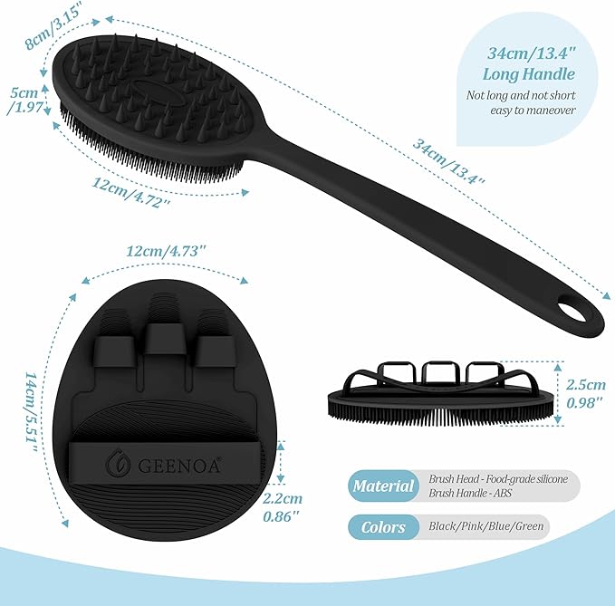 Silicone Back Scrubber & Bath Glove Set 2PCS, 13.4'' Gentle Shower Back Scrubber with Dual-Side Head Non-Slip Handle, 360° Anti-Slip Hand-fit Bath Glove for Rich Foaming Deep Cleaning(Black)