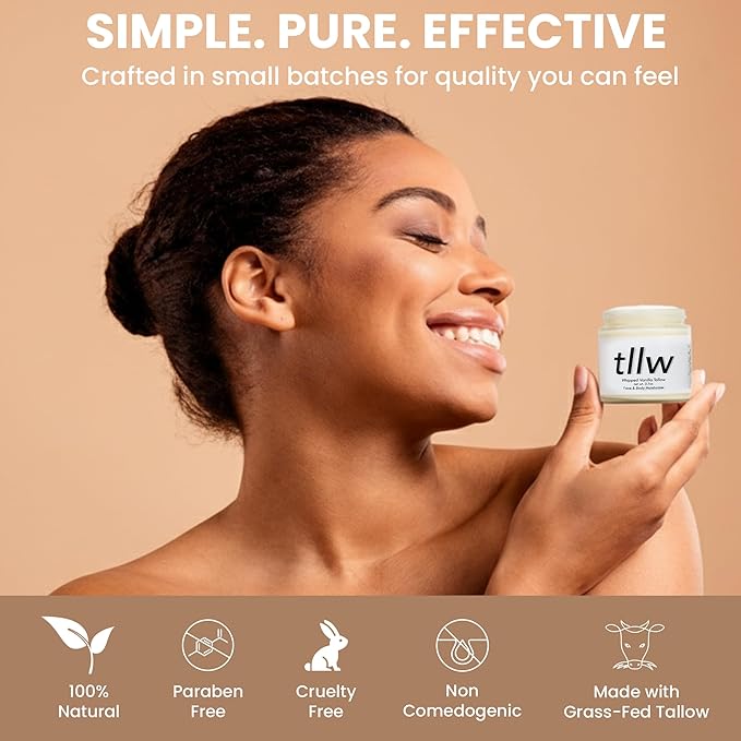 100% Grass Fed Beef tallow for face and body, Whipped Tallow Balm Moisturizer with Organic Jojoba Oil & Manuka Honey (2.7 oz, Vanilla Scented)