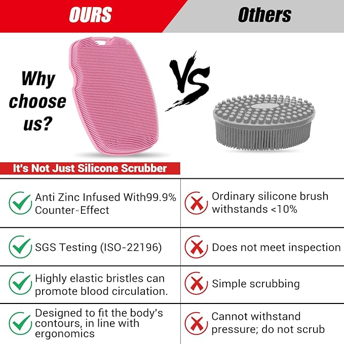 Silicone Body Scrubber - Anti Zinc Infused-Highly Elastic Bristles Exfoliating Body Scrubber for Shower Body,Cellulite Reduction,Blood Circulation - Pink