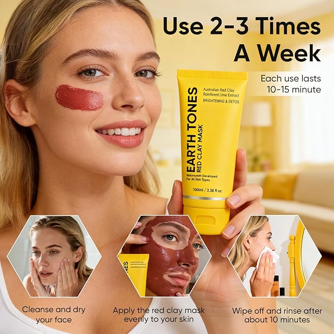 Australian Red Clay Face Mask, Earth Tones Face Mask, Brightening & Detox Mask with Desert Lime, Rainforest Limes, Shea Butter, For All Skin Types 100ml