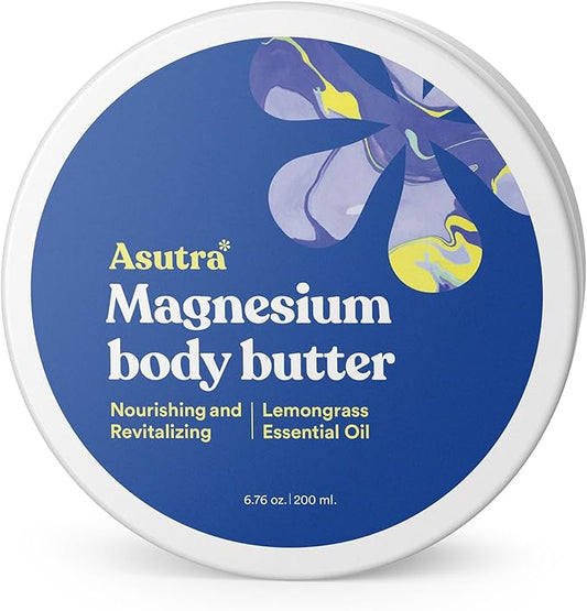 ASUTRA Magnesium Body Butter Lotion, 6.76 oz, Soothing Shea Butter & Almond Oil Moisturizer, Premium-Quality Magnesium, Lemongrass Essential Oil
