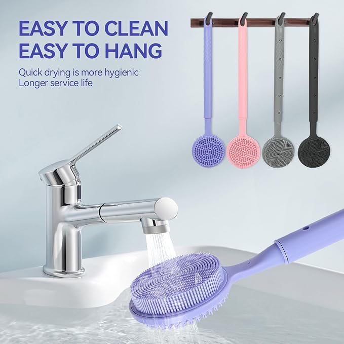Back Scrubber for Shower, (16-24 Inch) Extendable Bath Brush Long Handle for Shower, Silicone Body Scrubber with Handle, Back Brush for Shower Men and Women,Easy to Clean (Purple)