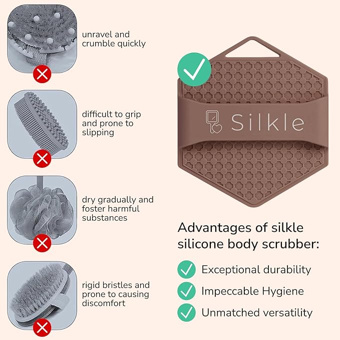 Silicone Body Scrubber - Exfoliating Bath Brush and Skin Cleanser - Shower Sponge for Gentle Body Scrub and Wash - Silicone Scrubbing Care Tool for a Refreshed and Renewed You - Brown