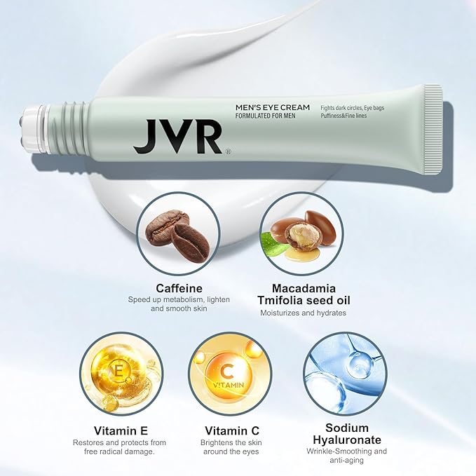 JVR Caffeine Eye Cream and Under Eyes Roller for Dark Circles and Puffiness, Fine Lines, Under-Eyes Bags, Eye Serum with Vitamin C, Hyaluronic Acid, 20 ml