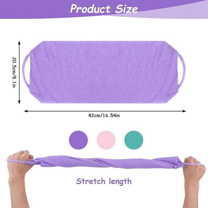 Exfoliating Shower Towel, 3 Pcs Double-Sided Back Exfoliator Body Scrub Towel, Nylon Scrubber with Handles, Stretchable Back Washer for Shower for Women Men(Green, Pink, Purple)