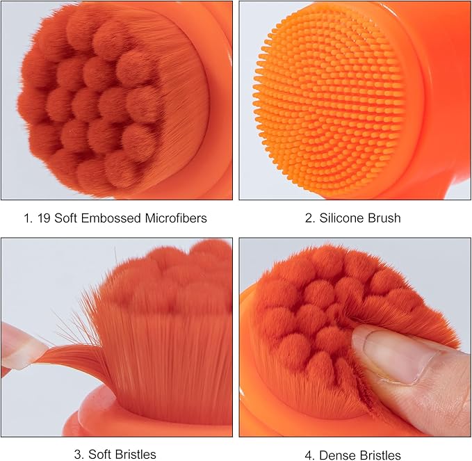 Face Brush 2 in 1, Silicone Facial Cleansing Exfoliating Brush Soft Bristles Pore Deep Cleansing Manual Dual Face Wash Scrub Brush for Massaging, Makeup Skincare Removal, Fluorescent Orange