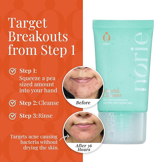 Norie Kimchii Face Wash - Gentle Facial Cleanser for Dry, Oily & Sensitive Skin | Fragrance Free Gel for Clearer Skin 2% Salicylic Acid, Vegan, Unscented 1.7oz