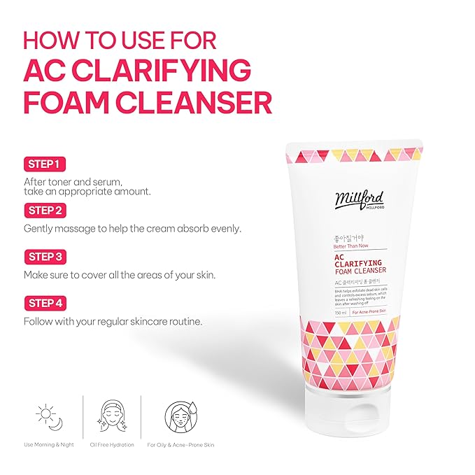 AC Clarifying Foam Cleanser 150ml/5.1 fl.Oz, Daily Facial Cleanser for Oily Skin, Unscented, Salicylic Cleansers, BHA, Korean Skincare