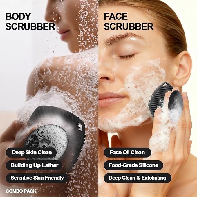 Silicone Body Scrubber with Suction Cup, Gentle Texture Exfoliating Body Scrubber for Men and Women On Sensitive Skin, Build Up Lather, Deep Skin Clean (Body+ Face Scrubber Black)