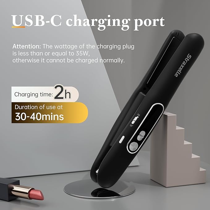 Cordless Hair Straightener and Curler 2 in 1, Portable Mini Flat Iron Adjustable 350°F-420°F Mini Travel Hair Straightener LED Display/5000mAh Ceramic Flat iron hair straightener for Women Men (Black)