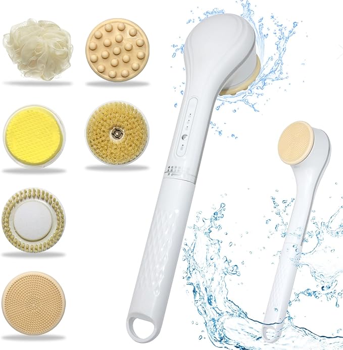 Generic Electric Body Brush Set for Showering,Exfoliating Bath Brush Long Handle for Shower Lotion Applicator for Back Silicone Body Scrubber with 6 Shower Brush Heads for Women Men Gifts (White)