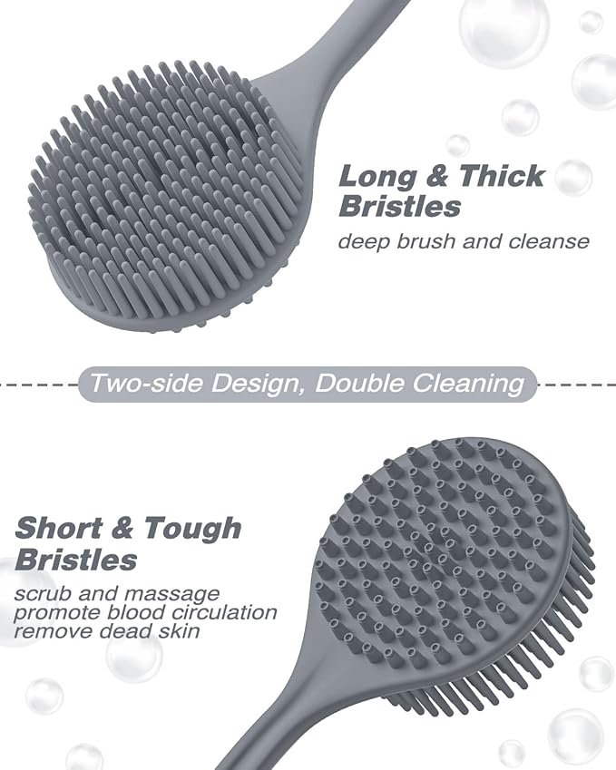 Manmihealth Silicone Back Scrubber & Soft Shower Brush, Silicone Scalp Massager, Toe Cleaning Brush Set 8 PCS, Body Foot Scrubber & Shampoo Brush Combination, with 4 Free Hooks (Style 1 Gray)