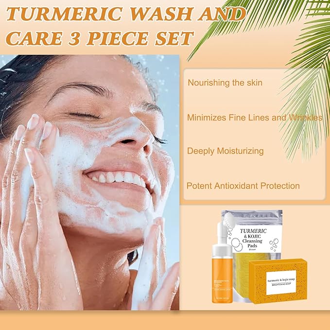 Turmeric Wash and Care Three Piece Set,Tuemeric Facial Cleanser & Turmeric Soap Bar & Turmeric Face Scrub Pads,Turmeric Cleansing Skincare Set for Face & Body, Deep Cleansing