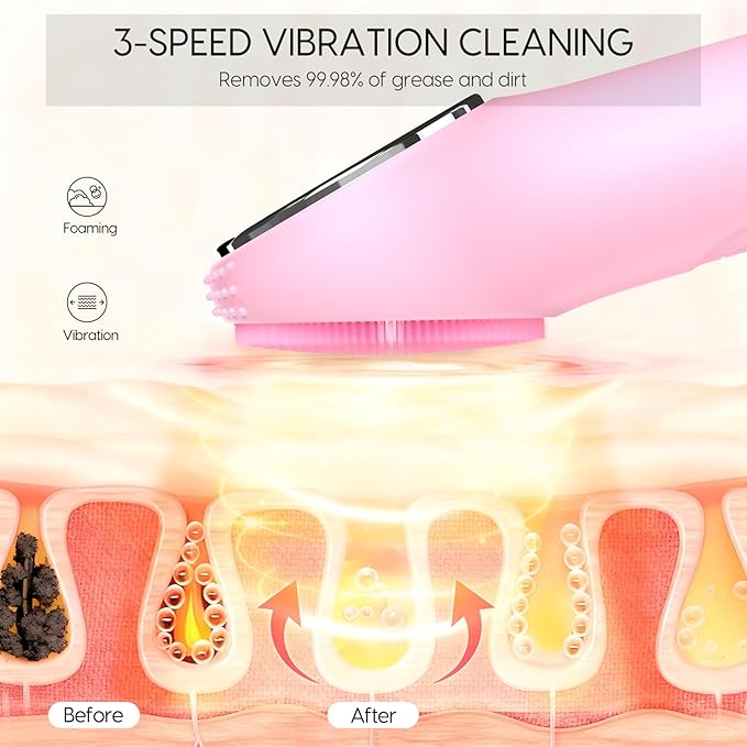 Silicone Facial Cleansing Brush, Portable Electric Face Scrubber with Heat and Vibration, 3 Modes Adjustable, Waterproof IPX6, USB-C Rechargeable, Deep Cleansing, Exfoliating and Massage