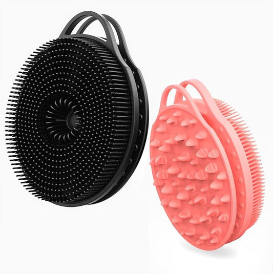 2 in 1 Silicone Body Scrubber, Anti Cellulite Massage Scrubber, Exfoliating Shower Brush for Men & Women, Removes Dead Skin, Reduces Cellulite, Improves Circulation, Non Slip (2PC, Black + Pink)