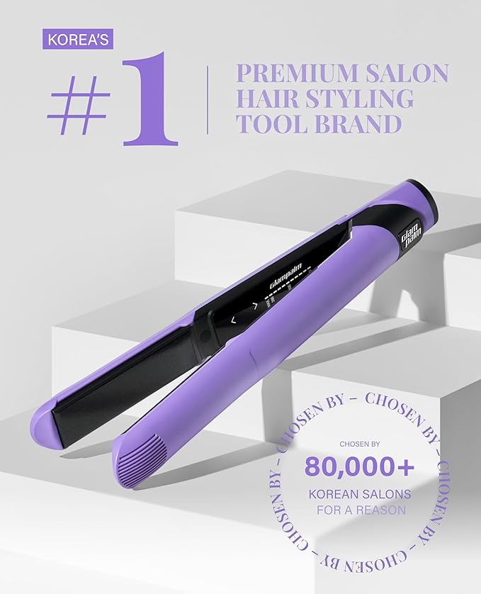 GLAMPALM Hair Straightener 1" Ceramic Flat Iron Infused with Vita C, Korea's No.1 Professional Salon Tool, 3D Swivel Cord & Dual Voltage, Digital LED(210°–450°), 20s Fast Heat-Up, Purple (GP201T)